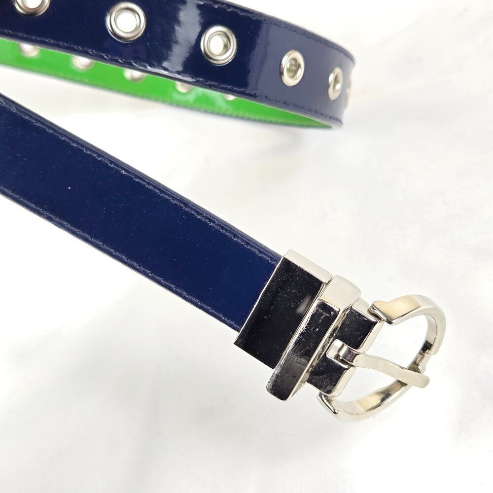 Reversible Patent Green/Navy Blue Silver Rivets Down Length Silver Hardware - Picture 6 of 8